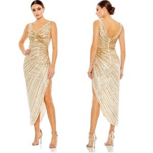 Mac Duggal Size 8 Sequined Nude Gold Faux Wrap Midi Dress